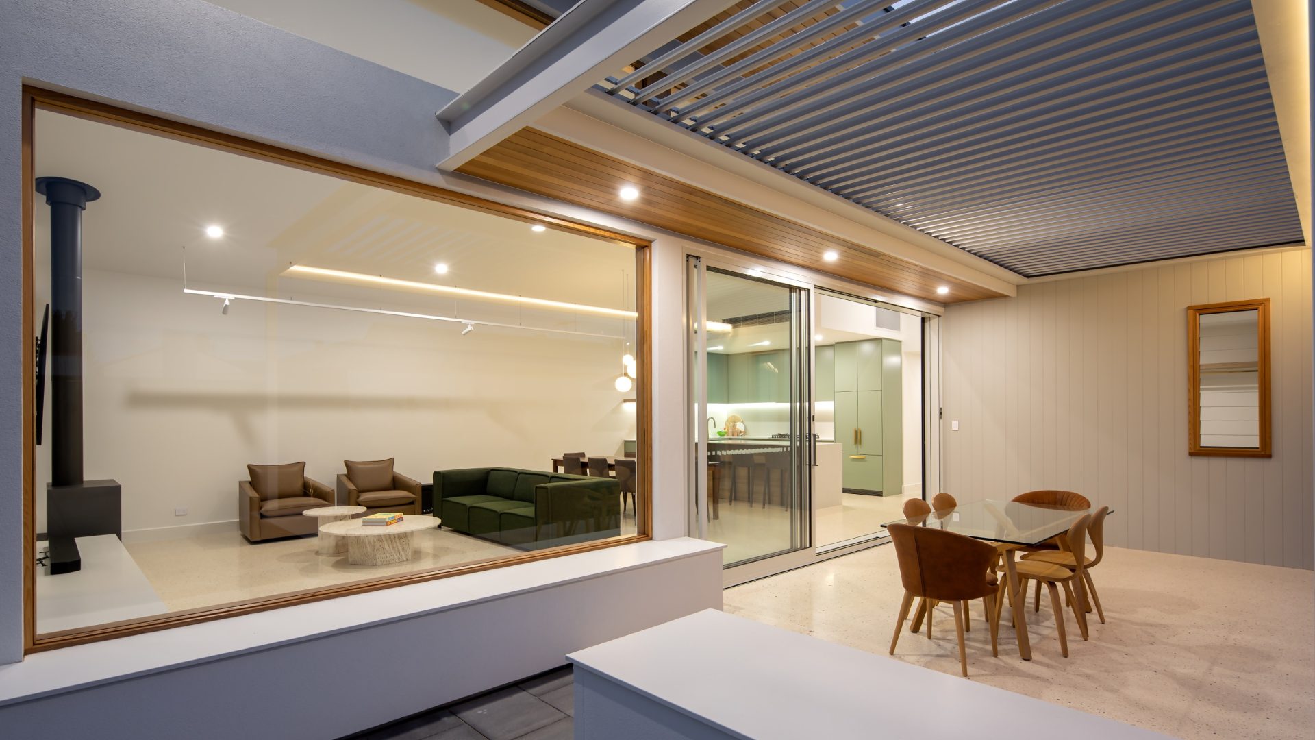 Eclipse - Opening louvre roof with integrated lighting over outdoor entertaining area in Colonel Light Gardens